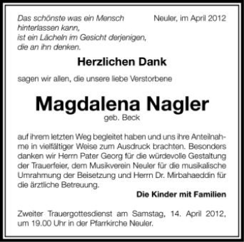 Anzeige von Magdalena Nagler von Schwäbische Zeitung
