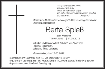 Anzeige von Berta Spieß von Schwäbische Zeitung
