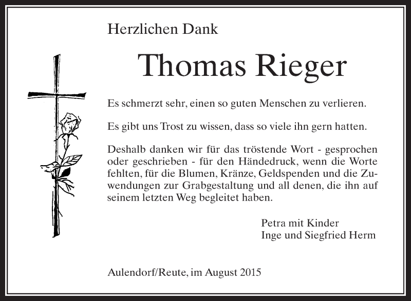  Traueranzeige für Thomas Rieger vom 22.08.2015 aus Schwäbische Zeitung