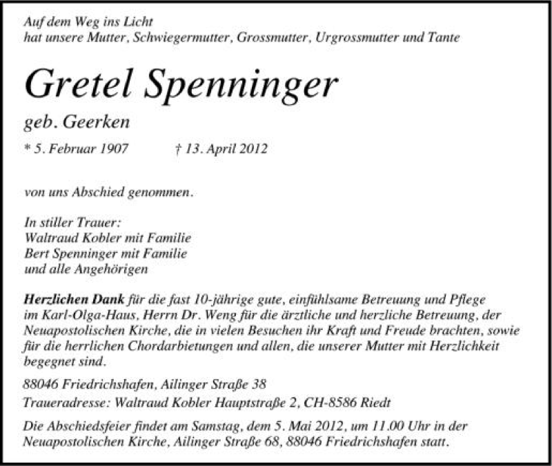  Traueranzeige für Gretel Spenninger vom 21.04.2012 aus Schwäbische Zeitung