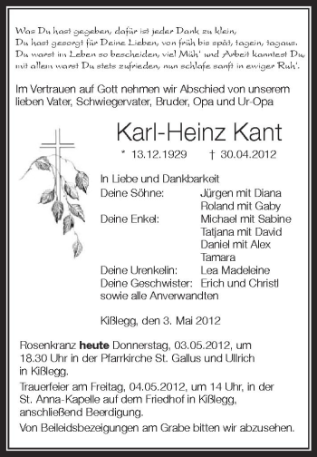 Anzeige von Karl-Heinz Kant von Schwäbische Zeitung