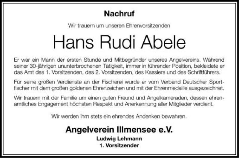  Traueranzeige für Hans Rudi  Abele vom 12.06.2012 aus Schwäbische Zeitung