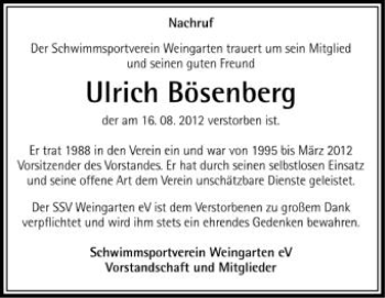 Anzeige von Ulrich Bösenberg von Schwäbische Zeitung