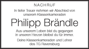 Anzeige von Philipp Brändle von Schwäbische Zeitung
