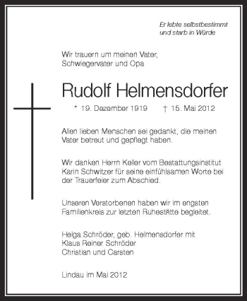 Anzeige von Rudolf Helmensdorfer von Schwäbische Zeitung