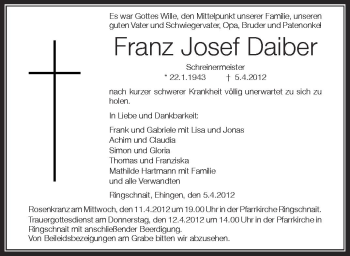Anzeige von Franz Josef Daiber von Schwäbische Zeitung