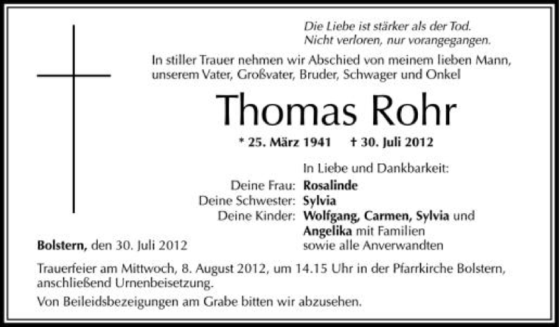  Traueranzeige für Thomas Rohr vom 04.08.2012 aus Schwäbische Zeitung
