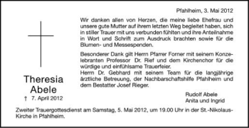 Anzeige von Theresia Abele von Schwäbische Zeitung