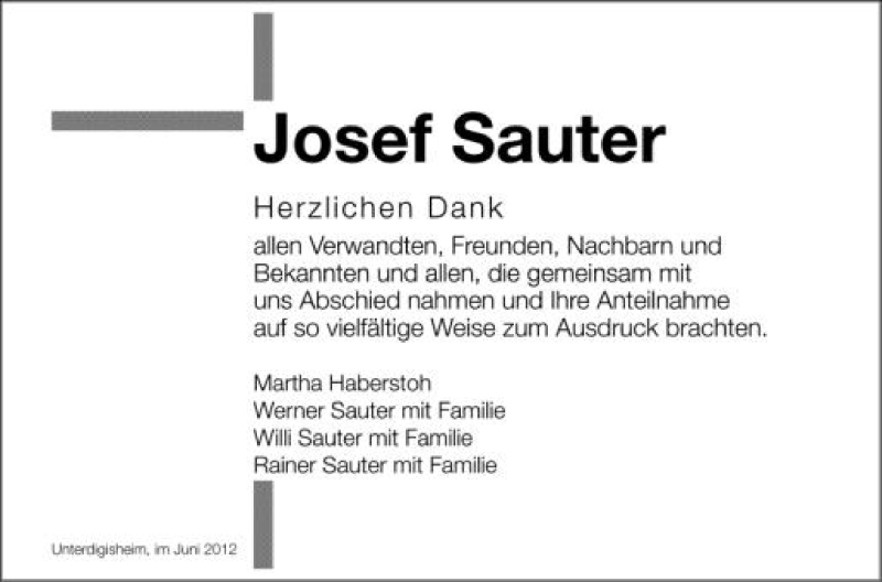  Traueranzeige für Josef Sauter vom 23.06.2012 aus Schwäbische Zeitung