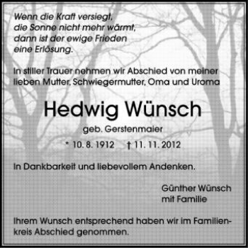 Anzeige von Hedwig Wünsch von Schwäbische Zeitung
