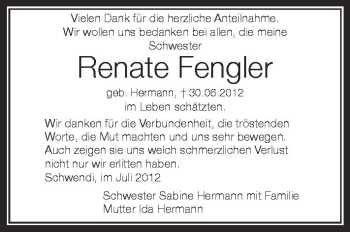 Anzeige von Renate Fengler von Schwäbische Zeitung