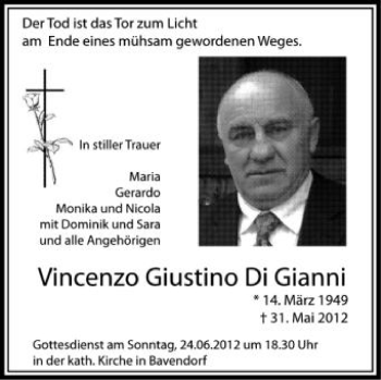 Anzeige von Vincenzo Giustino Di Gianni von Schwäbische Zeitung