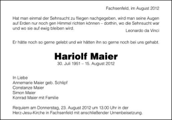 Anzeige von Hariolf Maier von Schwäbische Zeitung