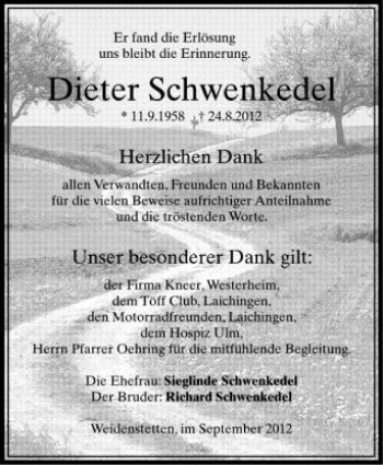 Anzeige von Dieter Schwenkedel von Schwäbische Zeitung