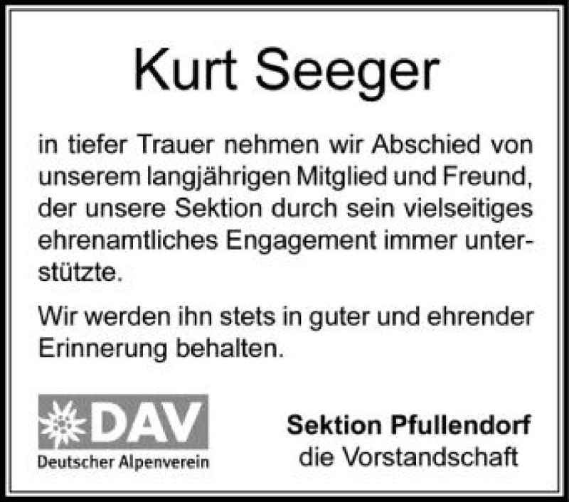  Traueranzeige für Kurt Seeger vom 09.08.2012 aus Schwäbische Zeitung