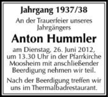 Anzeige von Anton Hummler von Schwäbische Zeitung