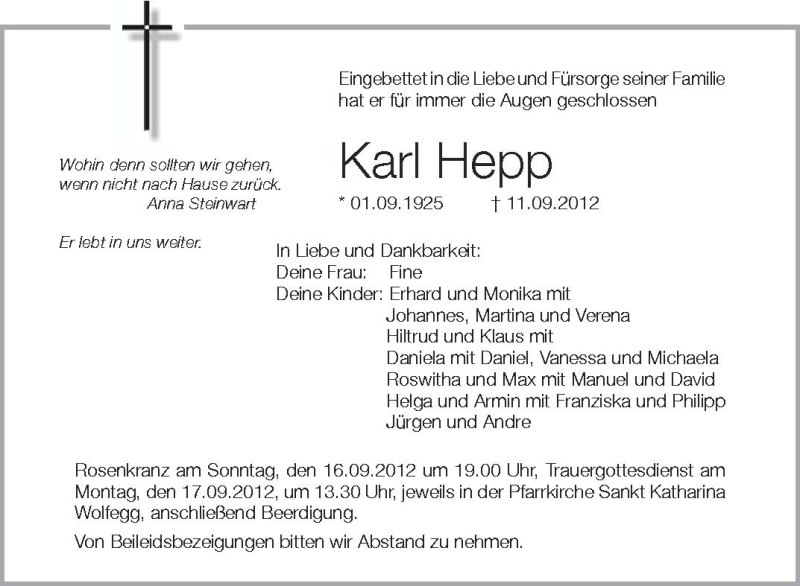  Traueranzeige für Karl  Hepp vom 14.09.2012 aus Schwäbische Zeitung