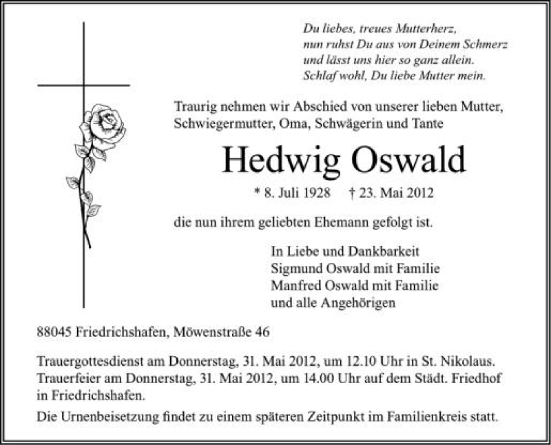  Traueranzeige für Hedwig Oswald vom 26.05.2012 aus Schwäbische Zeitung