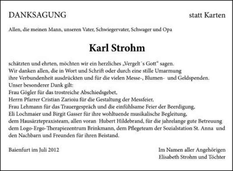  Traueranzeige für Karl Strohm vom 31.07.2012 aus Schwäbische Zeitung