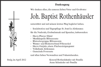 Anzeige von Baptist Rothenhäusler von Schwäbische Zeitung