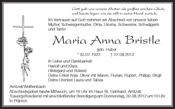 Anzeige von Maria Anna Bristle von Schwäbische Zeitung