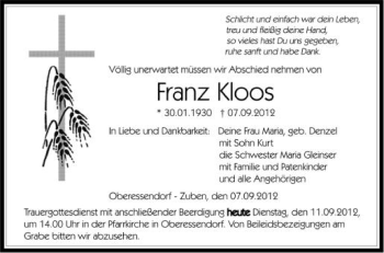 Anzeige von Franz Kloos von Schwäbische Zeitung
