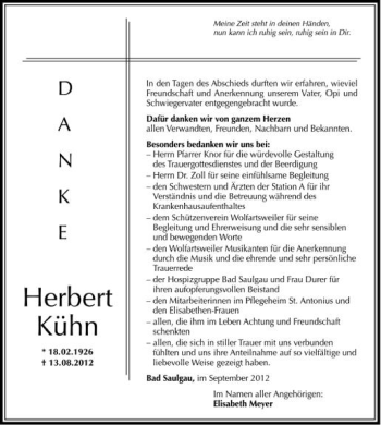 Anzeige von Herbert Kühn von Schwäbische Zeitung