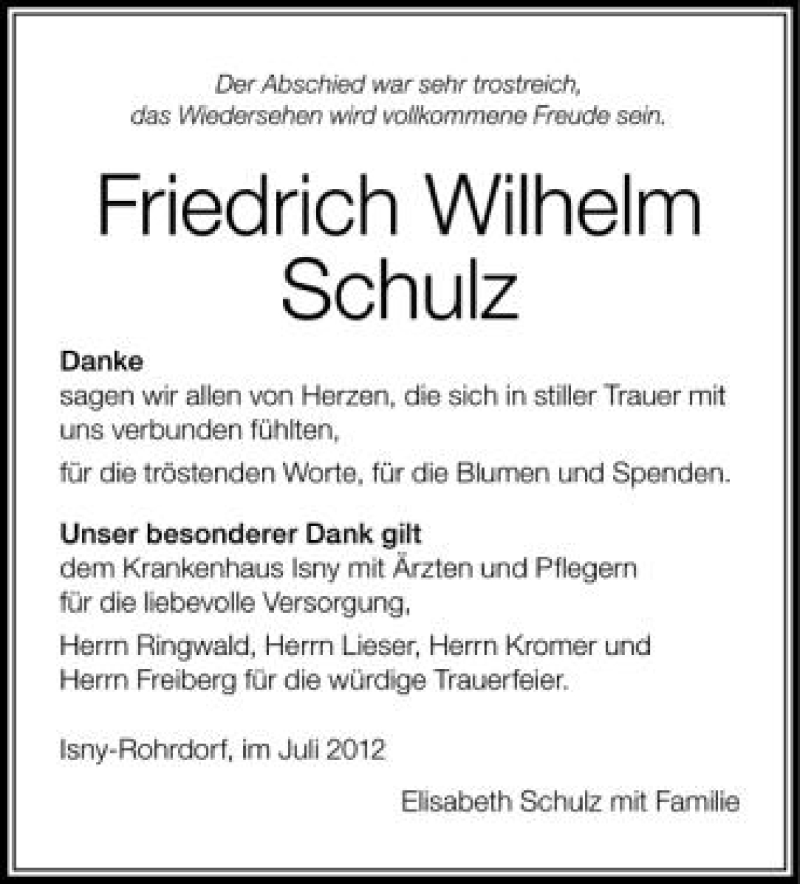  Traueranzeige für Friedrich Wilhelm Schulz vom 31.07.2012 aus Schwäbische Zeitung