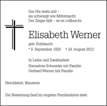 Anzeige von Elisabeth Werner von Schwäbische Zeitung