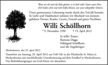 Anzeige von Willi Schöllhorn von Schwäbische Zeitung