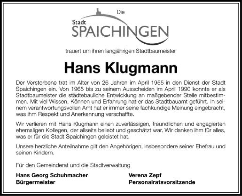  Traueranzeige für Hans Klugmann vom 16.05.2012 aus Schwäbische Zeitung