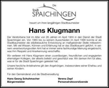 Anzeige von Hans Klugmann von Schwäbische Zeitung