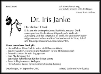 Anzeige von Iris Janke von Schwäbische Zeitung