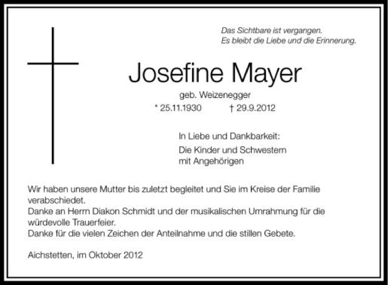  Traueranzeige für Josefine Mayer vom 06.10.2012 aus Schwäbische Zeitung