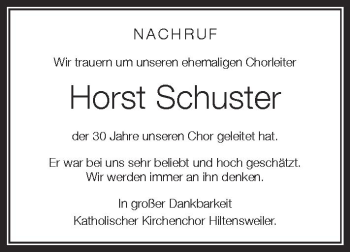 Anzeige von Horst Schuster von Schwäbische Zeitung
