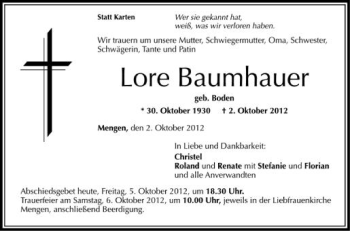 Anzeige von Lore Baumhauer von Schwäbische Zeitung