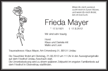 Anzeige von Frieda Mayer von Schwäbische Zeitung