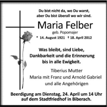 Anzeige von Maria Felber von Schwäbische Zeitung