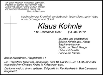 Anzeige von Klaus Kohnle von Schwäbische Zeitung