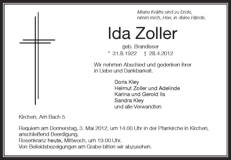  Traueranzeige für Ida Zoller vom 02.05.2012 aus Schwäbische Zeitung