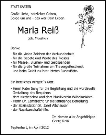 Anzeige von Maria Reiß von Schwäbische Zeitung