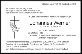 Anzeige von Johannes Werner von Schwäbische Zeitung