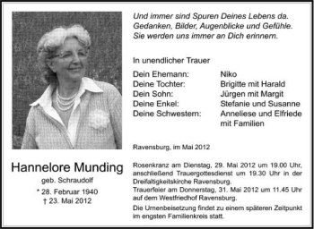 Anzeige von Hannelore Munding von Schwäbische Zeitung