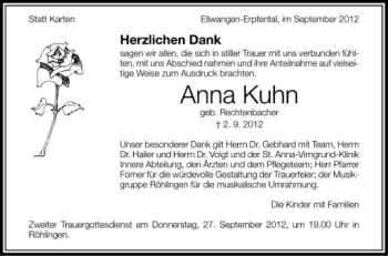 Anzeige von Anna Kuhn von Schwäbische Zeitung