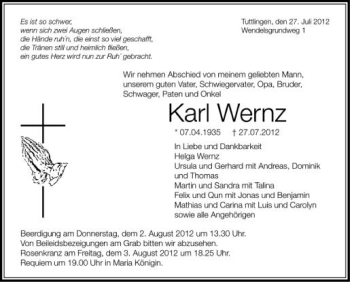 Anzeige von Karl Wernz von Schwäbische Zeitung