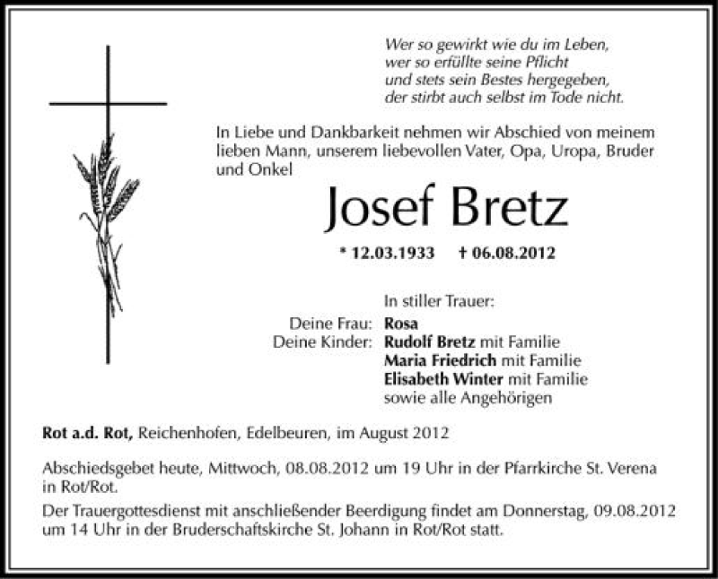  Traueranzeige für Josef Bretz vom 08.08.2012 aus Schwäbische Zeitung