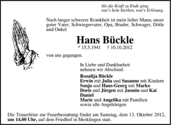 Anzeige von Hans Bückle von Schwäbische Zeitung