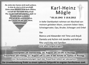 Anzeige von Karl-Heinz Mögle von Schwäbische Zeitung