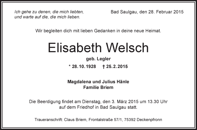  Traueranzeige für Elisabeth Welsch vom 28.02.2015 aus Schwäbische Zeitung