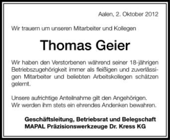 Anzeige von Thomas Geier von Schwäbische Zeitung